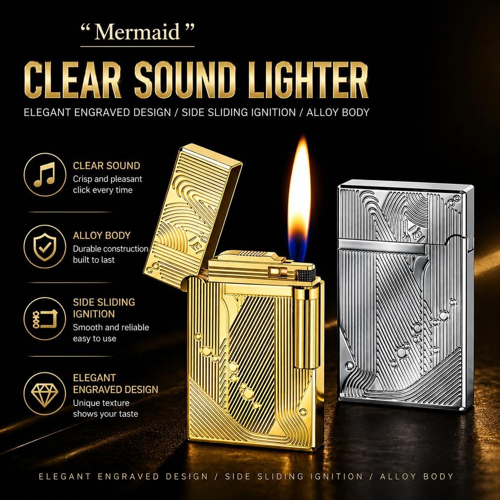 JIANCHEN Classic Metal EngravingButane Lighter, Refillable Soft Flame Flip-Top Lighter with Side Slide Ignition, Pocket Lighter for Daily Use or Gifting,Gold c